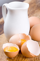 Image showing brown eggs and some milk