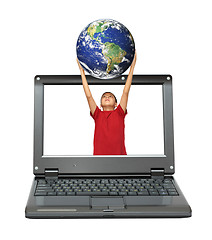 Image showing laptop with boy holding earth planet