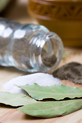 Image showing pepper, salt and bay leaves