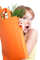 Image showing Surprised blond woman with bag