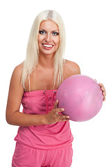 Image showing Woman hold pink basketball ball