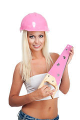 Image showing Blond woman with pink hard hat