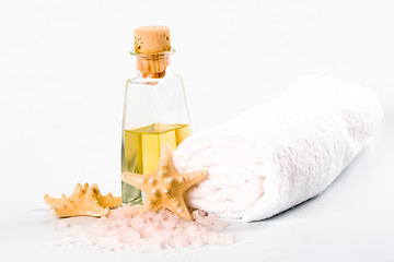 Image showing sea salt, towel, oil and stars