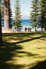 Image showing Senior Women Enjoying Forest Lake View from Bench