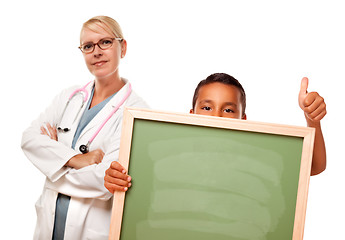 Image showing Female Doctor with Hispanic Child Holding Chalk Board