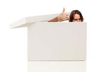 Image showing Mans Head and Thumbs Up Pops from Blank White Box
