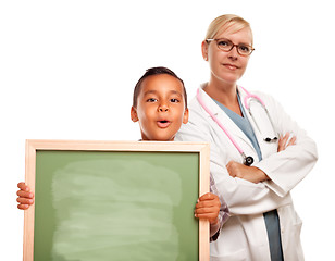 Image showing Female Doctor with Hispanic Child Holding Chalk Board