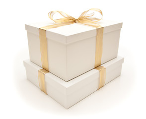 Image showing Stacked White Gift Boxes with Gold Ribbon Isolated