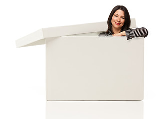 Image showing Multiethnic Woman Standing Inside Blank White Box