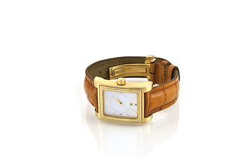 Image showing Golden watch with leather strap