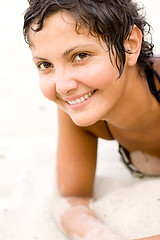 Image showing brunet woman in a beach