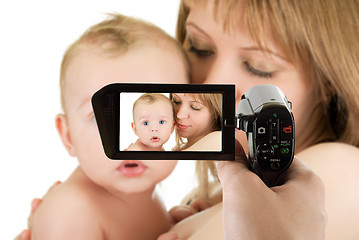 Image showing mother with her baby boy at camcorder