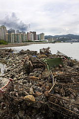 Image showing Garbage piled up on the coast of the ocean. 