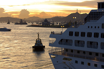 Image showing Photo of Cruise Ship at sunset 