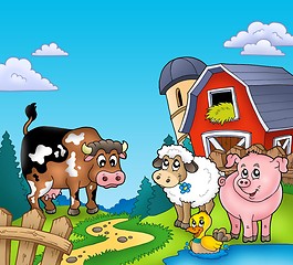 Image showing Red barn with farm animals