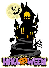 Image showing Halloween sign with house on hill