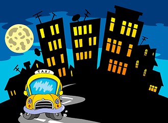 Image showing City silhouette with taxi and Moon