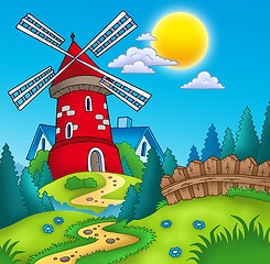 Image showing Country landscape with red mill