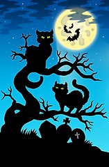 Image showing Two cats silhouette with full moon