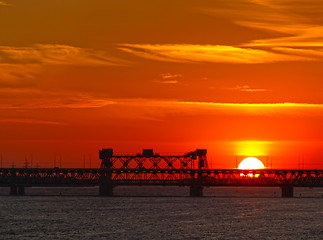 Image showing Dnipropetrovsk sunset over bridge