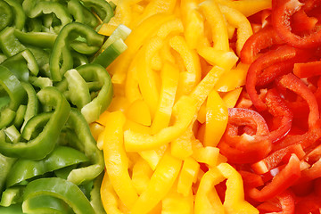 Image showing Slices of green, yellow and red bell pepper