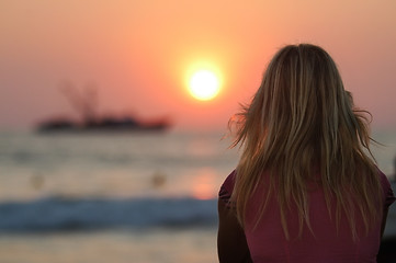 Image showing Blond woman watching sunset in Puerto Escondido, Mexico