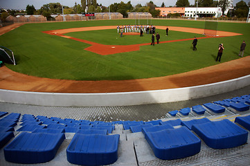 Image showing Blue seats in an empty stadium