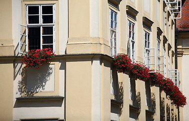 Image showing Old house with flower decoration in windows