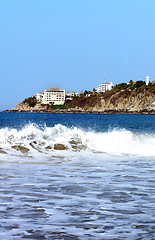 Image showing Light house and hotels over the sea in Puerto Escondido