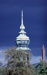 Image showing Tower of church on the blue cloudy sky