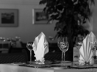 Image showing Restaurant table in black and white