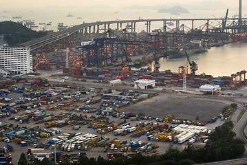 Image showing hong kong containers dock and bridge