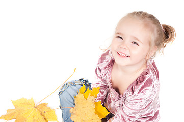 Image showing Toddler with maple leaves