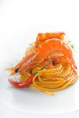 Image showing pasta and spicy shrimps