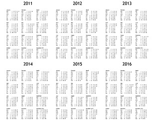 Image showing Multi year calendar from 2011 to 2016