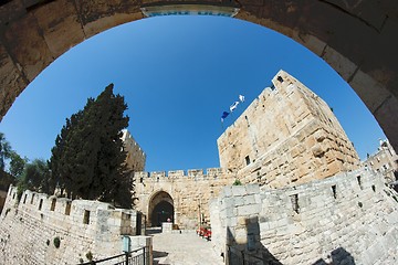 Image showing Fisheye view of an ancient citadel in Jerusalem