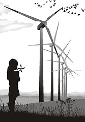 Image showing Girl and Wind turbine