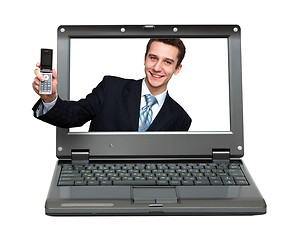 Image showing laptop with businessman giving your phone