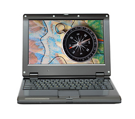 Image showing small laptop with compass and map