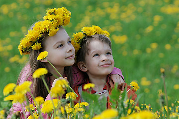 Image showing Brother and sister with dandelion garlands