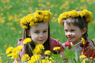 Image showing Brother and sister with dandelion garlands