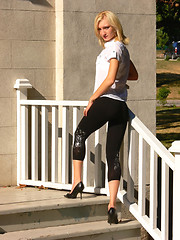 Image showing Lady on the handrail.