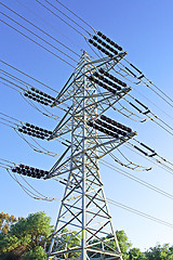 Image showing Electricity. Pillar against the blue sky