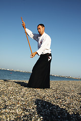 Image showing Man with stick exercising aikido