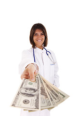 Image showing Friendly female doctor with money