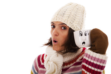 Image showing Surprised woman like her hot drink cup