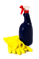 Image showing cleaning spray and rubber gloves 