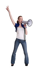 Image showing young woman wiht megaphone or bullhorn