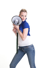 Image showing young woman wiht megaphone or bullhorn