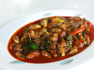 Image showing Thai food, mussels in hot, red curry